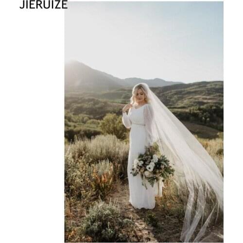 E JUE SHUNG Vintage Boho Tulle Wedding Dresses Long Sleeves Scoop Neck Zipper Back Crystal Sash Wedding Gowns Bridal Dresses