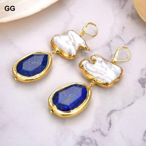 GuaiGuai Jewelry Cultured White Keshi Pearl Blue Lapis With Gold Plated Lever Back Earrings