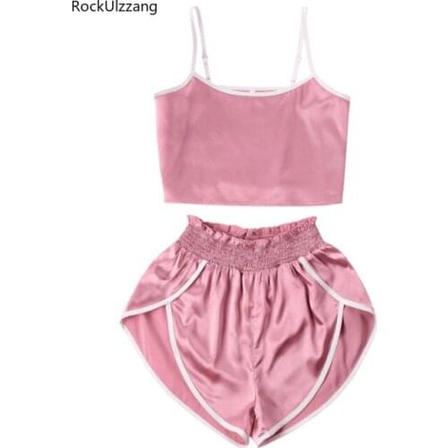 Two Piece Matching Set Sexy Solid Satin Silky Solid Pink Green Black Strap Crop Top Camisole Camis Ruched Ruffle Waist Hot Short