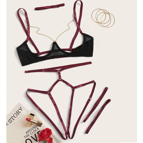 Woman underwear set sexy delicate mesh underwear + garter + shorts set hollow fashion multi-size new нижнее белье комплект 50