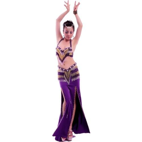 Top grade Rhinestone Tassel belly dance costume set sexy belly dancing clothes bellydance bra belt skirt dress 3pcs dance suit