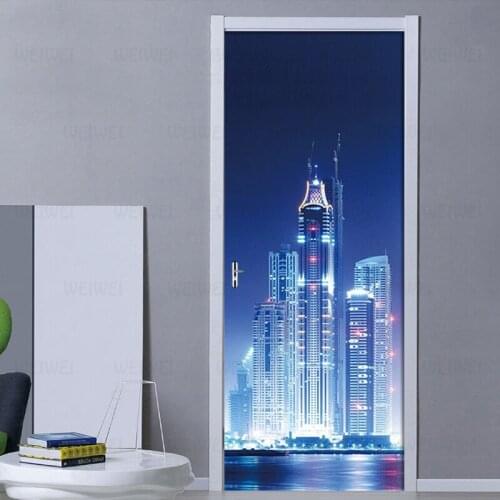 Beautiful Building City Night View Door Stickers 3D Wallpaper Bedroom Living Room Door Decor PVC Self-adhesive Waterproof Decal