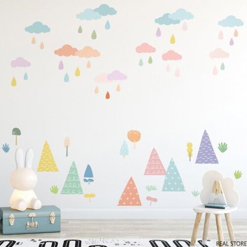 Colorful Cloud Raindrop Wall Sticker DIY Home Decor Stickers Hills Trees for Living Room Kids Room Decoration Mural Decals Dorm