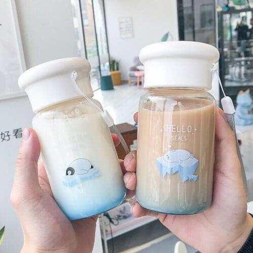 Cartoon Animal Water bottle with rope Dolphin sea lion penguin polar bear BlueGlass bottle Outdoor Sports Cup for Student Couple