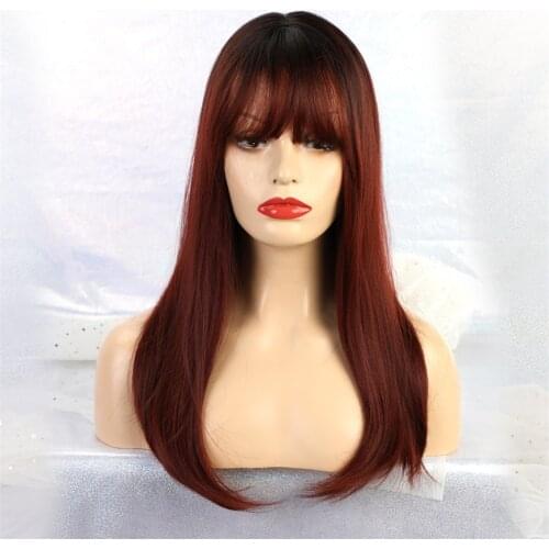 Halloween Cosplay Wig, Long Straight Flat Bang Synthetic Wig Black Gradient Wine Red Hair, 20 Inches