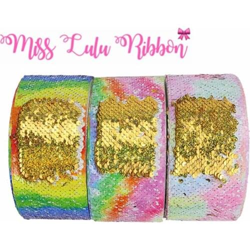 3"75mm Pink Galaxy Rainbow Waves Double Reversible Hologram Gold Sequin Ribbon Hair Band Making 46yards DIY Party Decor