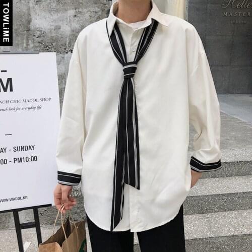 New Fashion Patchwork Shirts For Men 2021Summer Long Sleeve Button Up Casual Tops With Tie Streetwear Women Oversized Blouse