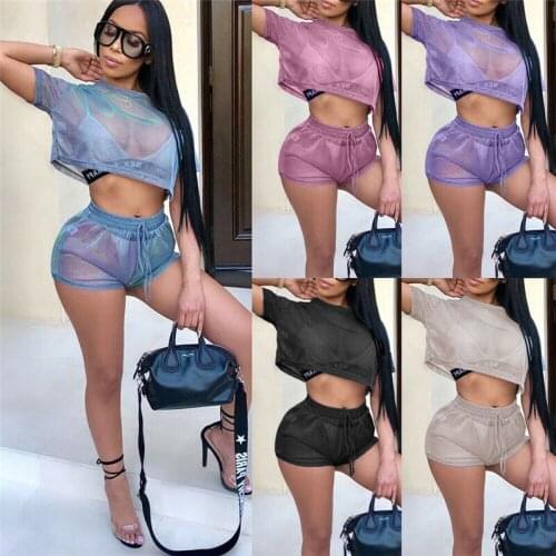 Sexy Women High Waist Lace-up Shorts Jumpsuit Romper Two Piece Hollow Mesh Sheer Short Sleeve T-shirt Crop Tops Shorts Tracksuit