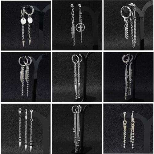 Kpop BTS-730 Single Vintage Punk Jewelry Cross Pendant Earring Unisex Stainless Steel Tassel Stud Earrings Fashion Accessories