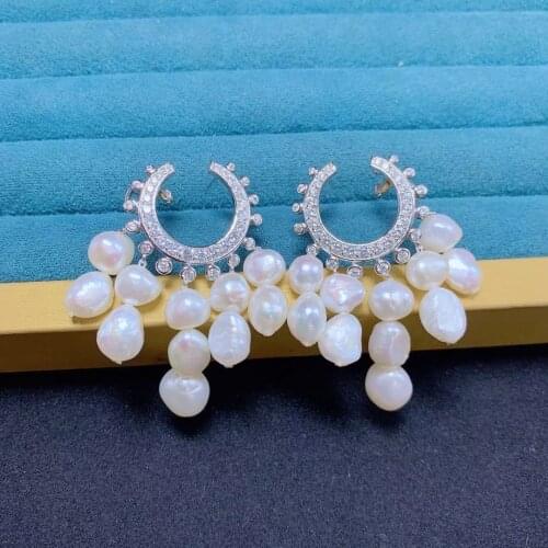 Baroque natural fresh water pearl earring 925 sterling silver with cubic zircon fine women jewelry free shipping