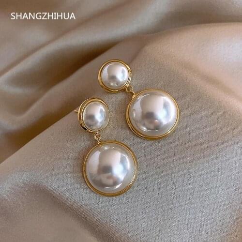 SHANGZHIHUA Korean Light Luxury Gold and Pearl Exaggerated Earrings for Womens 2021 New Trend Fashion Simple Party Jewelry