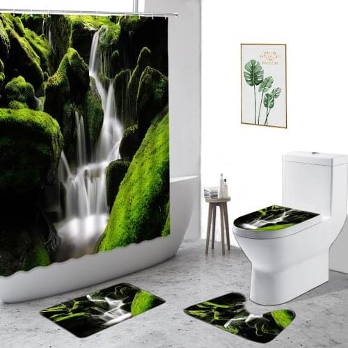 Waterfall Natural Scenery Shower Curtains Green Jungle Rock Fabric Printed Bathroom Curtains 4-Piece Anti-Slip Carpet Bath Mats