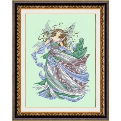 Dreampattern Fairy of the wind cross stitch kit beads pattern design 18ct 14ct 11ct light green counted canvas embroidery