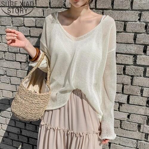 Knitted Thin Sunscreen Shirt Summer See Through Shirt Women Sexy V-neck Pullover Tops New Korean 2021 Loose Solid Blouse 9829