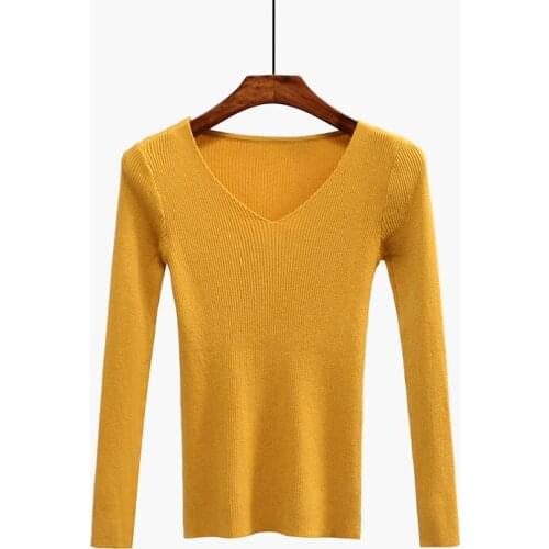 Yellow Knitted Tops women fashion V-Neck Short Pullovers Spring and autumn new Casual Long sleeve Sweater Women