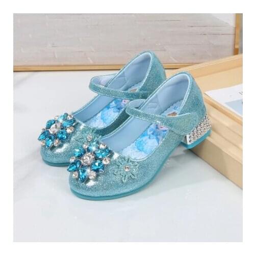 Disney Princess Kids Leather Shoes for Girls Flower Casual Glitter Children High Heel Girl Shoes Butterfly Knot Blue Pink Silver