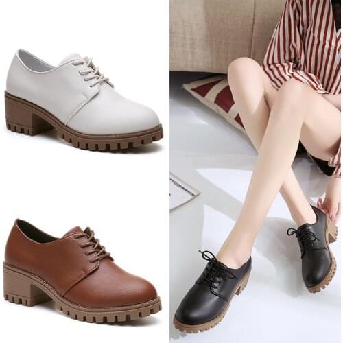 New Round Toe Leather Square Heel Lace-Up Mary Janes Platform Pumps Women Low Heel Oxford Shoes Casual Leather Shoes