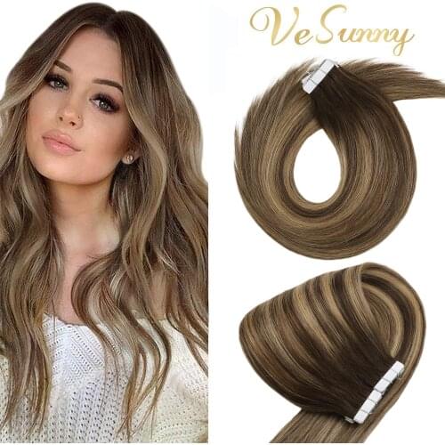 VeSunny Tape In Hair Extensions Thick End Straight Hair Ombre Chocolate Brown to Caramel Blonde Human Hair Tape In Extensions