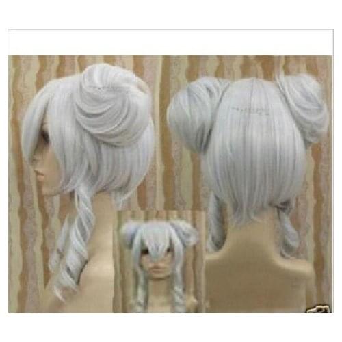 Zhaoxia++01315@Q8@ Cosplay Silver White Heat Resistant Curly Medium Wig +Two On ponytails