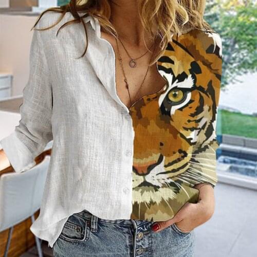 Tiger Printed Shirt Women Autumn Lapel Long Sleeves Single Breasted Blouses Female Streetwear Vintage Shirts рубашка женская