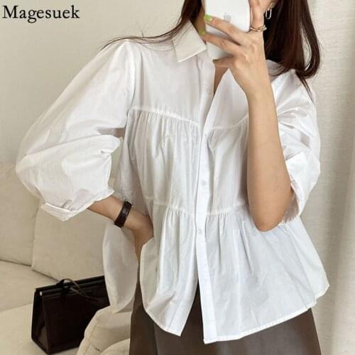 French Pleated Stitching Blouse Vintage Women Loose Casual Korean Shirt Lapel Puff Sleeve Office Lady White Tops Blusas 15722