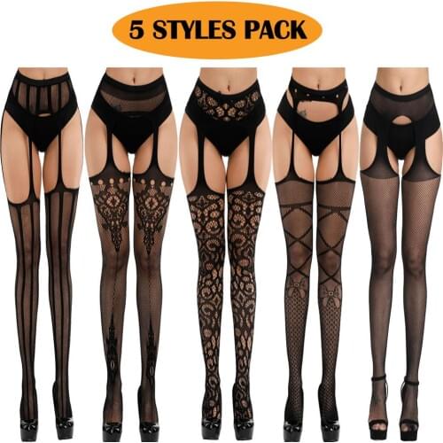 Womens 5 Styles Pack Crotchless Stockings Suspender Pantyhouse High Waist Sexy Fishnet Garter Tights Gift for Girlfriend
