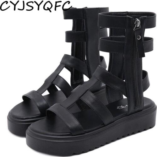 CYJSYQFC Rome Gladiator Ankle Strap Platform Women Sandals Peep Toe Side Zipper Flat Heels Ladies Shoes For Black Soft Leather