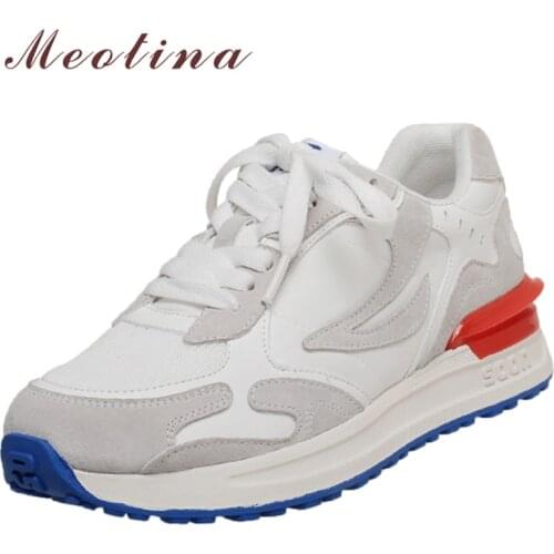 Meotina Natural Genuine Leather Women Shoes Flat Platform Sneakers Shoes Lace Up Mixed Colors Causal Lady Footwear Autumn White
