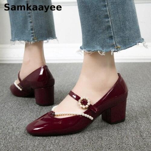 Size 35-40 Womens High Heels Shoes Spring Autumn Female Platform Pumps Mujer Leather String Bead Buckle Strap Solid Zapatos Y40