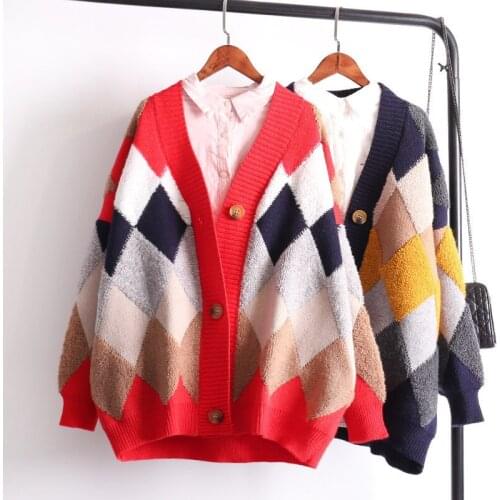 2019 Winter Sweater Outerwear Womens Korean Loose V-neck Cardigan Sweaters Female Jumpers Patchwork Oversized Knit Overcoat W16