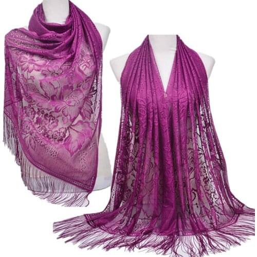Women Muslim Islamic Solid Color Tassel Lace Hollow Long Hijab Scarf Shawl Wraps Stole Clothing Accessories Polyester Scarf