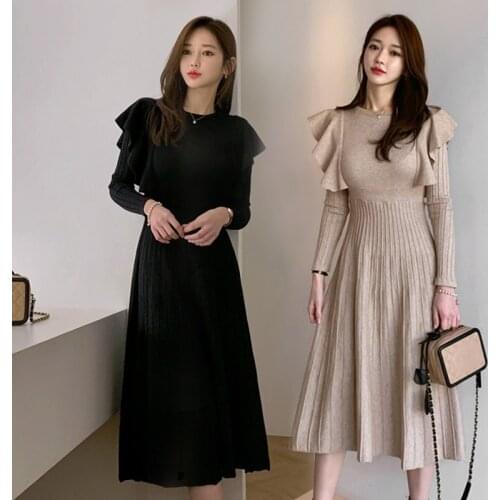 Temperament Korean Slim Waist Big Swing Ruffled Knitted Dress Bandage O Neck Long Sleeve Autumn Winter Sweater Wild Robe Femme