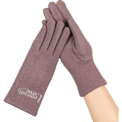 Winter Women Touch Screen Plus Velvet Inside Thin Section Gloves Simple Style Keep Warm Letter Embroidery Female Gloves