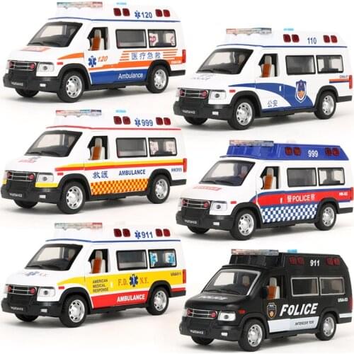 1:32 high simulation police car emergency ambulance medical RV alloy sound and light pull back model toys for children gift