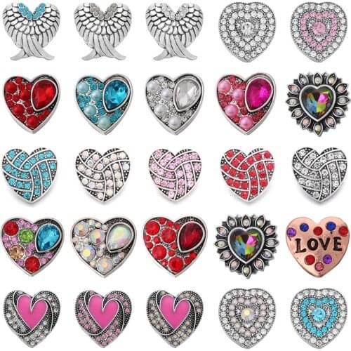 6pcs/lot New Love Snap Jewelry Rhinestone Love Heart 18mm Snap Buttons for Interchangeable 18MM Snap Button Bracelet