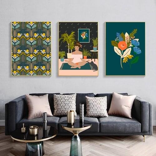 Abstract Yoga Girl Field Of Daisies Wall Art Canvas Painting Nordic Posters And Prints Wall Pictures For Living Room Home Decor