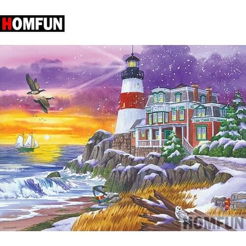HOMFUN 5D DIY Diamond Painting Full Square/Round Drill "Ocean lighthouse" Embroidery Cross Stitch gift Home Decor Gift A09110
