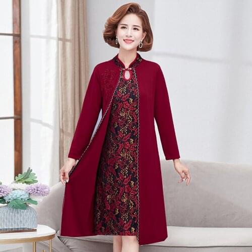 Retro cheongsam collar Elegant Middle Age Mother Dresses Wedding Party Dress 2021 New Women Fake Two Pieces Lace Vestido