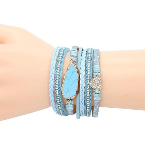 Leather Rope Bracelet Multi-layer Wide Cuff Natural Stone Alloy Braceletv Heart Shape Magnetic Buckle Bracelet