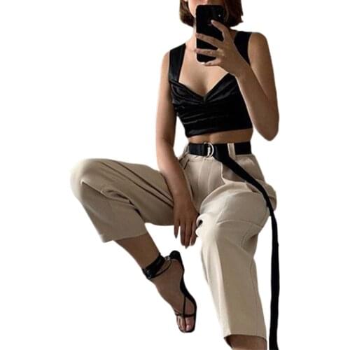 Summer Ladies Solid Color Vest Girls Sexy V-neck Backless Type Sleeveless Crop Top Female Casual Ruched Slim Camisole