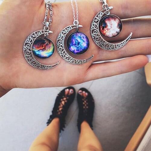 FNIO Hot Fashion Jewelry Choker Necklace Glass Galaxy Lovely Pendant Silver Color Chain Moon Necklace Jewelry Gift