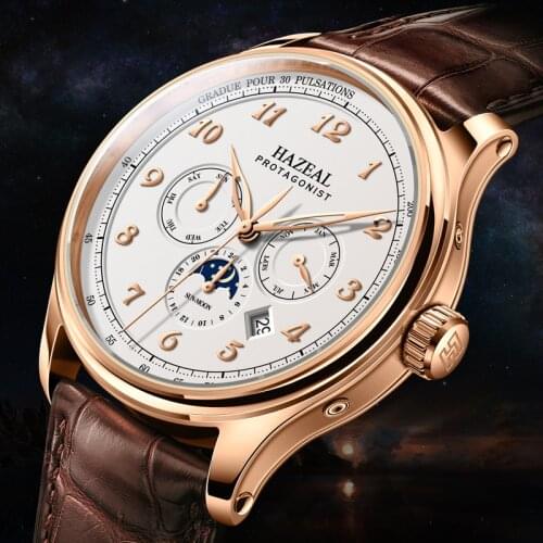 HAZEAL Fashion Mens Watches Mechanical Automatic Date Watch Water Wesistance Leather Strap Sapphire Business Male Wrishwatch