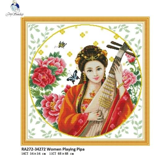 Women Playing Pipa Patterns Cross Stitch Kits 11CT Printed Fabric 14CT Canvas DMC Counted Cross-stitch Thread Embroidery Sets