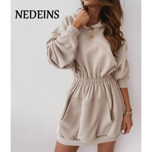 NEDEINS Autumn Dress Women Mini Hoodie Dress Fashion Long Sleeve Pocket Solid Receive Waist Dress Plus Size 2020