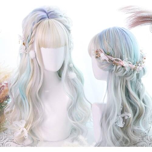 Cosplay Mix Lolita 60CM Aurora Mixed Color Long Wavy Synthetic Party Cosplay Wig With Bang +Wig Cap Heat Resistant