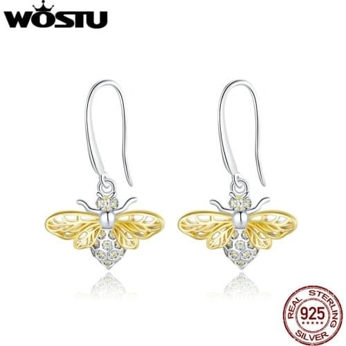 WOSTU Bee Drop Earrings 925 Sterling Silver Shiny Zircon Hollow Design Dangle Earrings For Women Orginal Jewelry CTE452