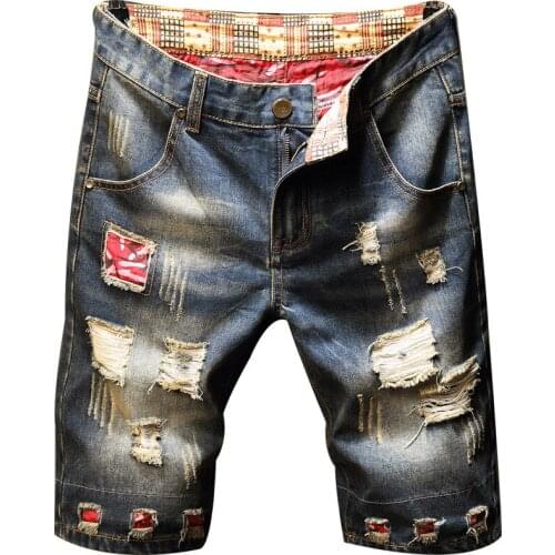 SEVEYFAN 2021 Mens Vintage Ripped Patchwork Denim Shorts Summer Cotton Jean Shorts for Male