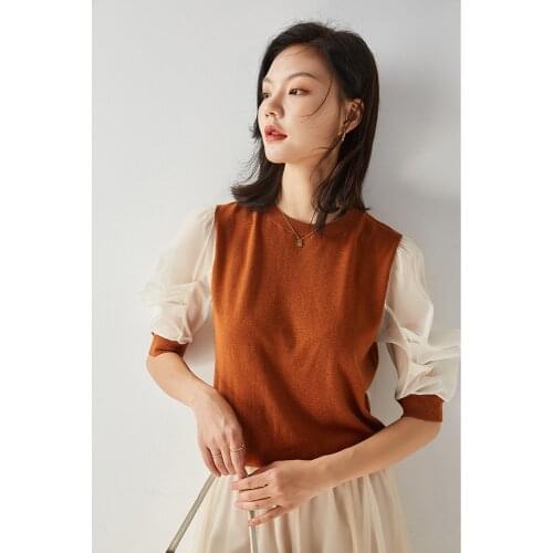 Wool Knitted Sweater Female Autumn Round Neck Retro Stitching Sweater Three-quarter Sleeves Slimming Lantern Sleeve Knit Sweater