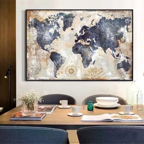 Vintage World Map Watercolor Oil Painting on Art Canvas Posters and Prints Scandinavian Cuadros Wall Art Pictures for Home Decor