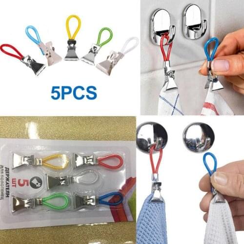 5Pcs Tea Towel Hanging Clips Clip On Hooks Loops Hand Towel Hangers Hanging Clothes Pegs Household Kitchen Bathroom Organizer
